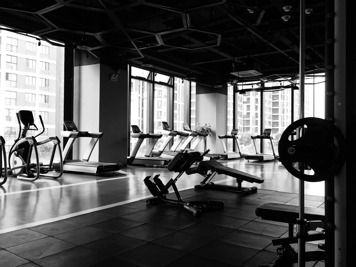 A fitted gym with treadmills and weight equipment beside floor-to-ceiling windows